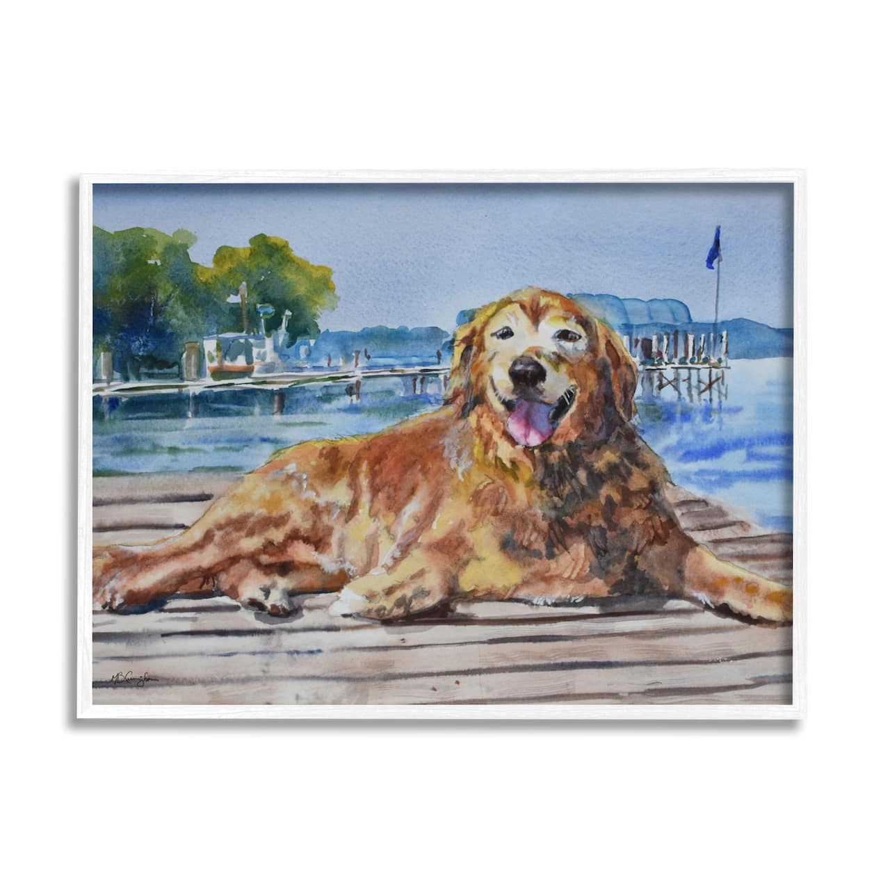 Stupell Industries Coastal Golden Retriever Relaxing Dock Framed Giclee Art